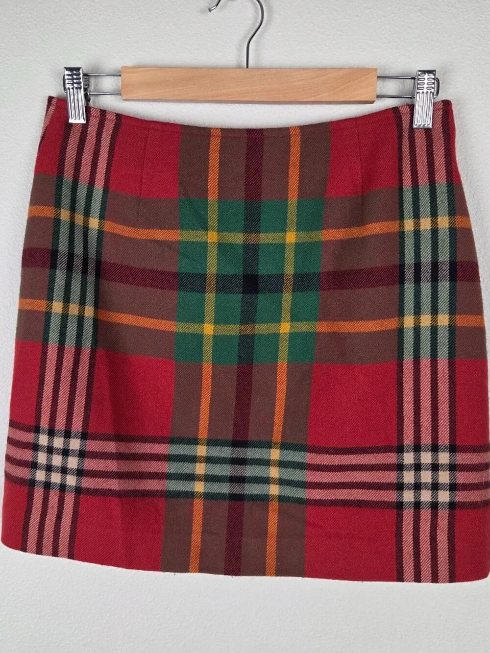 Ralph Lauren Tartan Plaid Mini Skirt Size 4 100% Wool Red Green Wrap Fall